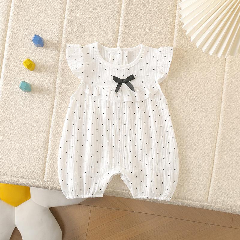 Yaz Bebek Giysileri Kız Noktalı Fiyonklu Tulum 0-24 Ay Yenidoğan %100 Pamuk O-Yaka Fırfırlı Kol Tek Parça Bodysuit