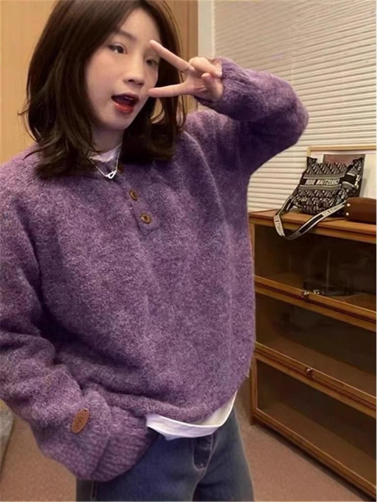 Sweter damski z miękkiej dzianiny koreańskiej z okrągłym dekoltem i częściowym rozpięciem - Przytulny styl jesienno-zimowy