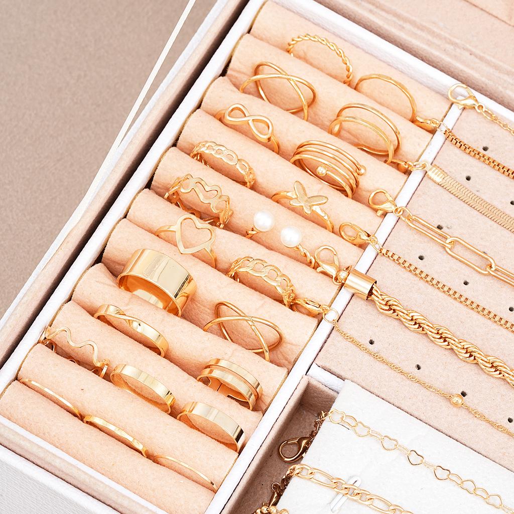40pcs/Set Elegant Geometric Pearl Ring, Multi-Layered Heart Zircon Necklace, Simple Bracelet 3-In-1 Jewelry Set For Women No Box