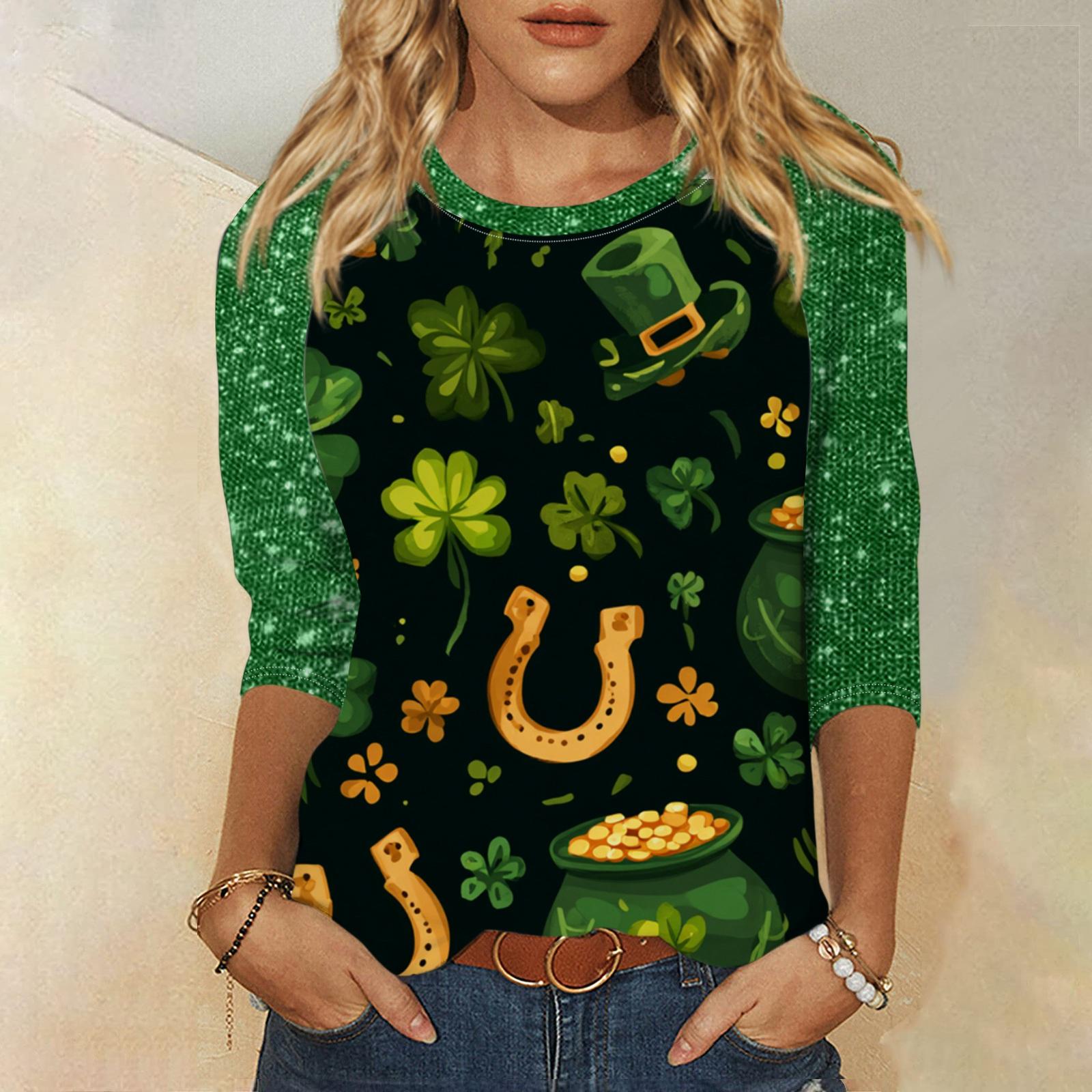 

Women s St. Patrick s Day Print Round Neck Three-Quarter Sleeve Top XL жовтий