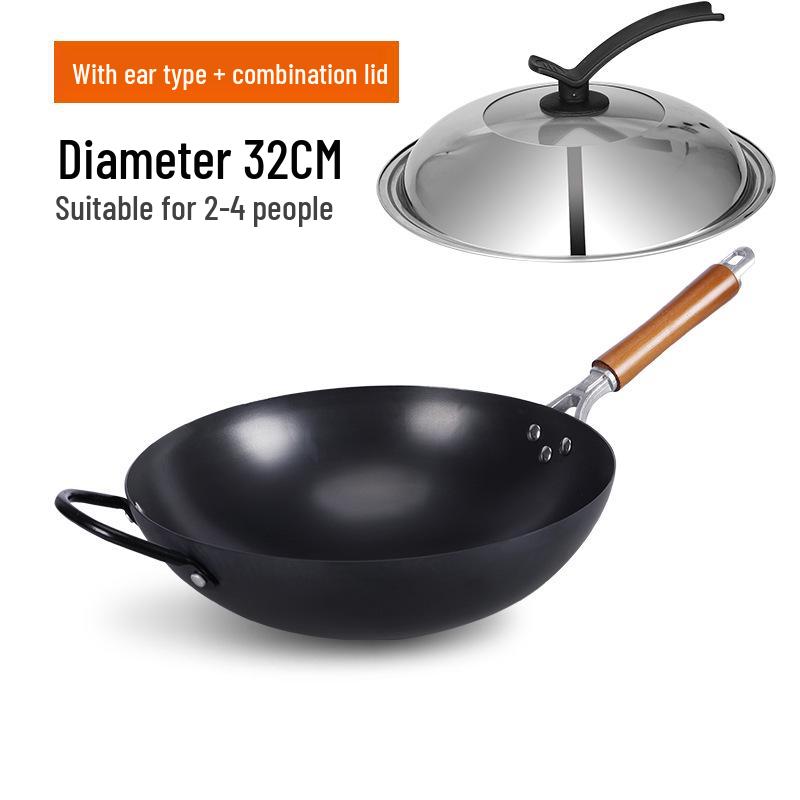 Old-Fashioned Non-Coated Cast Iron Wok, Round Bottom, Non-Slip, Non-Stick, Gas Stove Compatible, Nitrided Fine Iron.