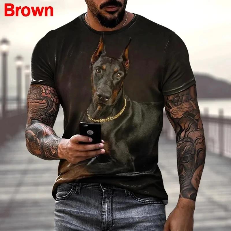 Summer Round Neck 3D Doberman Pattern Print Top Fashionable Casual Short Sleeved Men's T-shirts