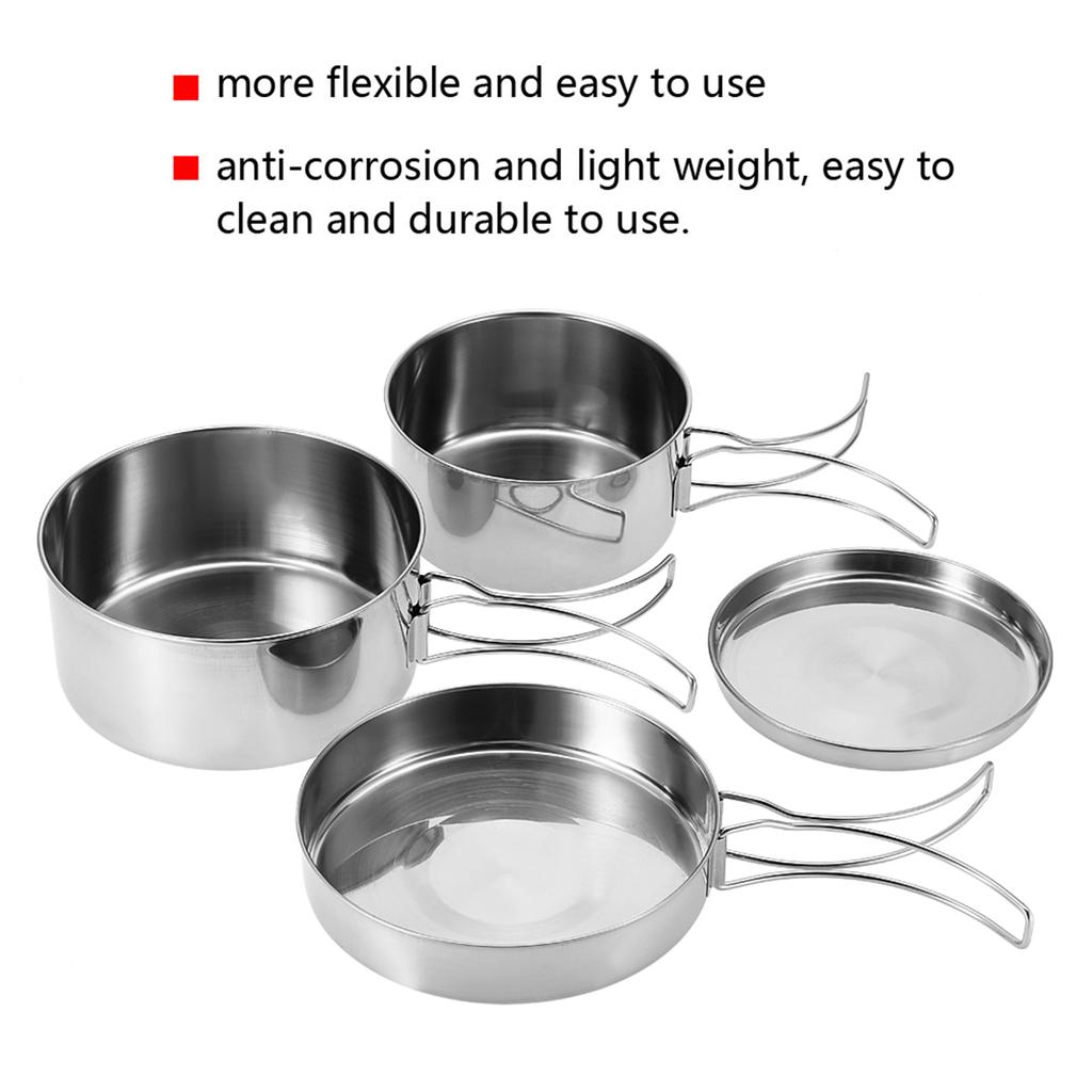 4Pcs Portable Stainless Steel Cookware Set Camping Picnic Outdoor Pan Pot Plate Tableware