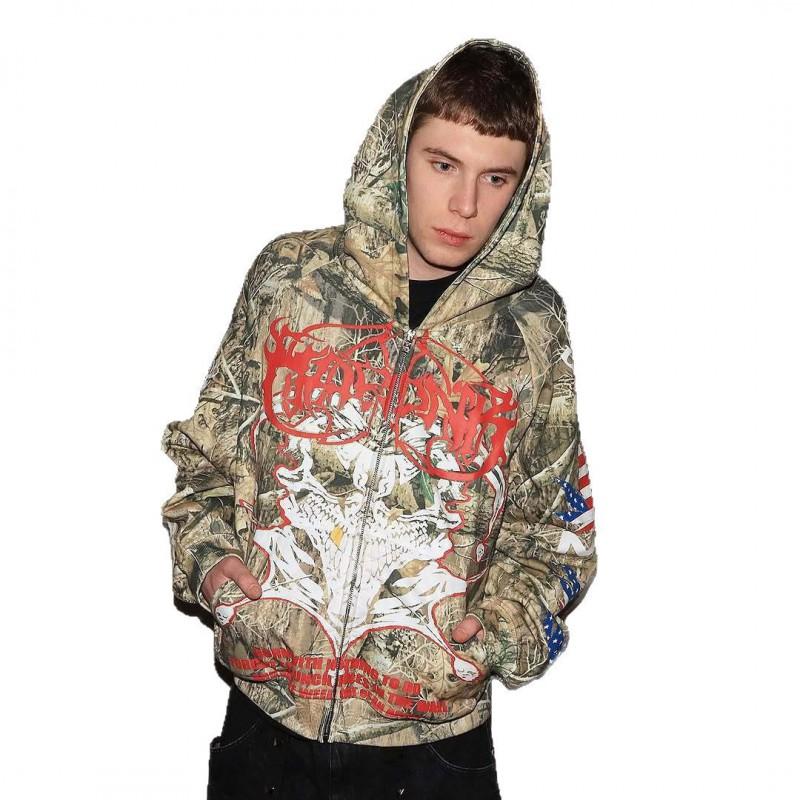 Mens Gothic Streetwear Hoodie 3D Print Zip-Up Loose Fit Casual Sweatshirt