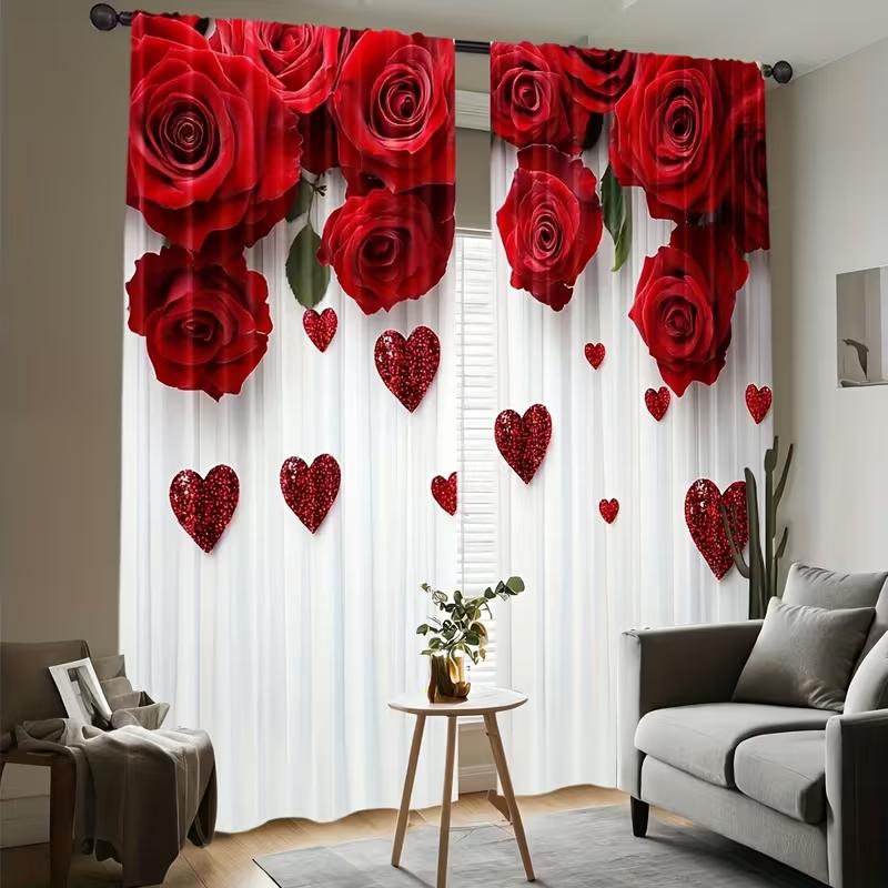 2PC Red Rose Glitter Heart Sheer Curtains - Romantic Valentine's Themed Print Window Drapes for Bedroom Living Room Decor