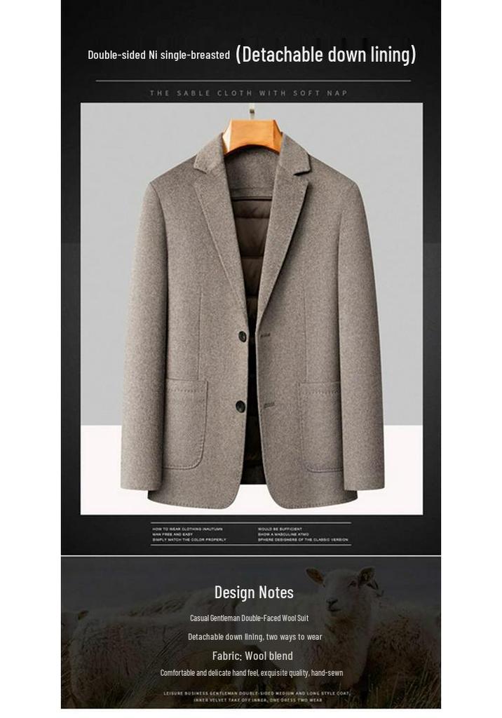 Men's Double-Sided Wool Suit with Detachable Lining, Windproof, Comfortable, Business Casual, Autumn/Winter Outerwear