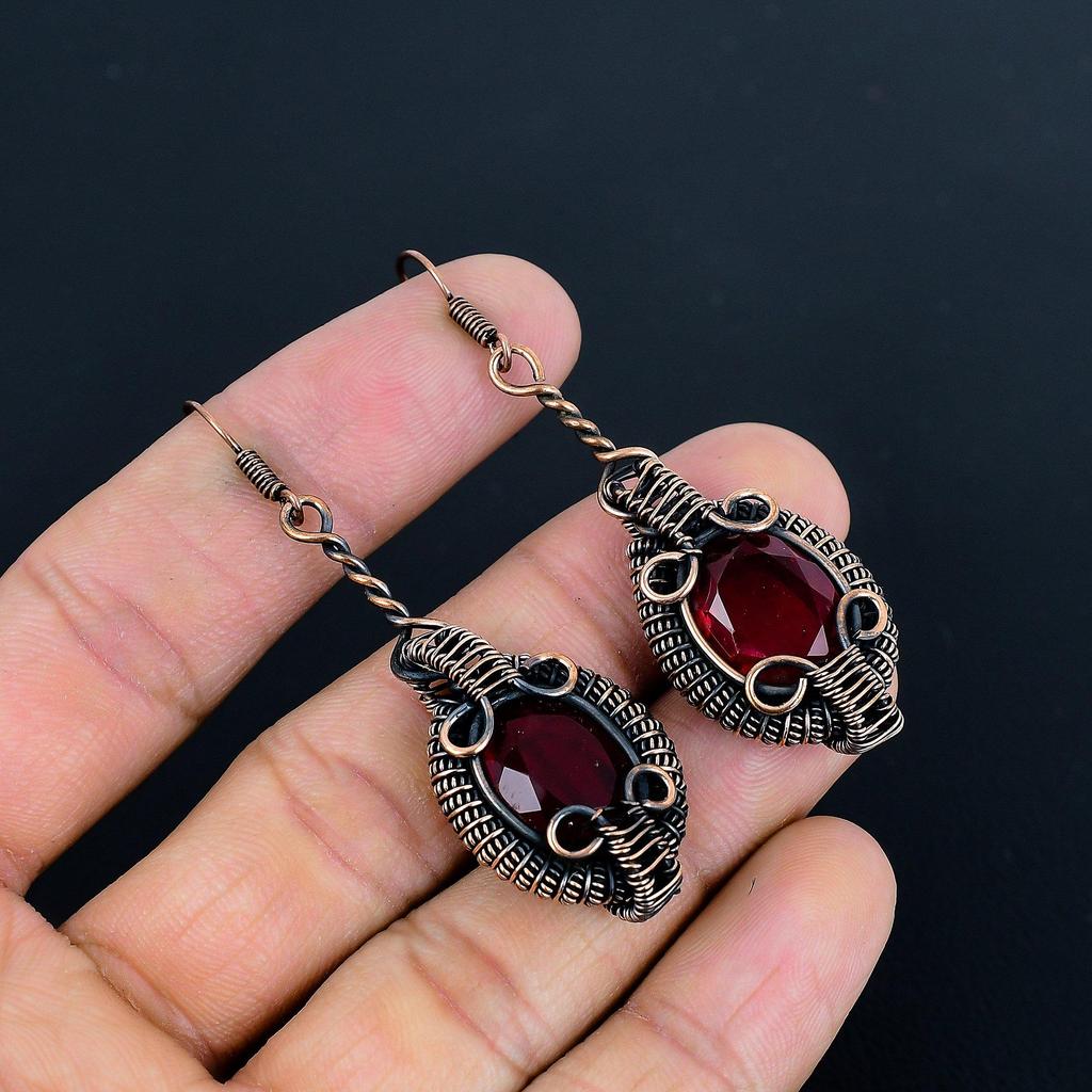 Red Garnet Jewelry, 999 Copper Wire Wrapped Earrings, Handmade Gemstone Jewelry Earrings For Memorial Day