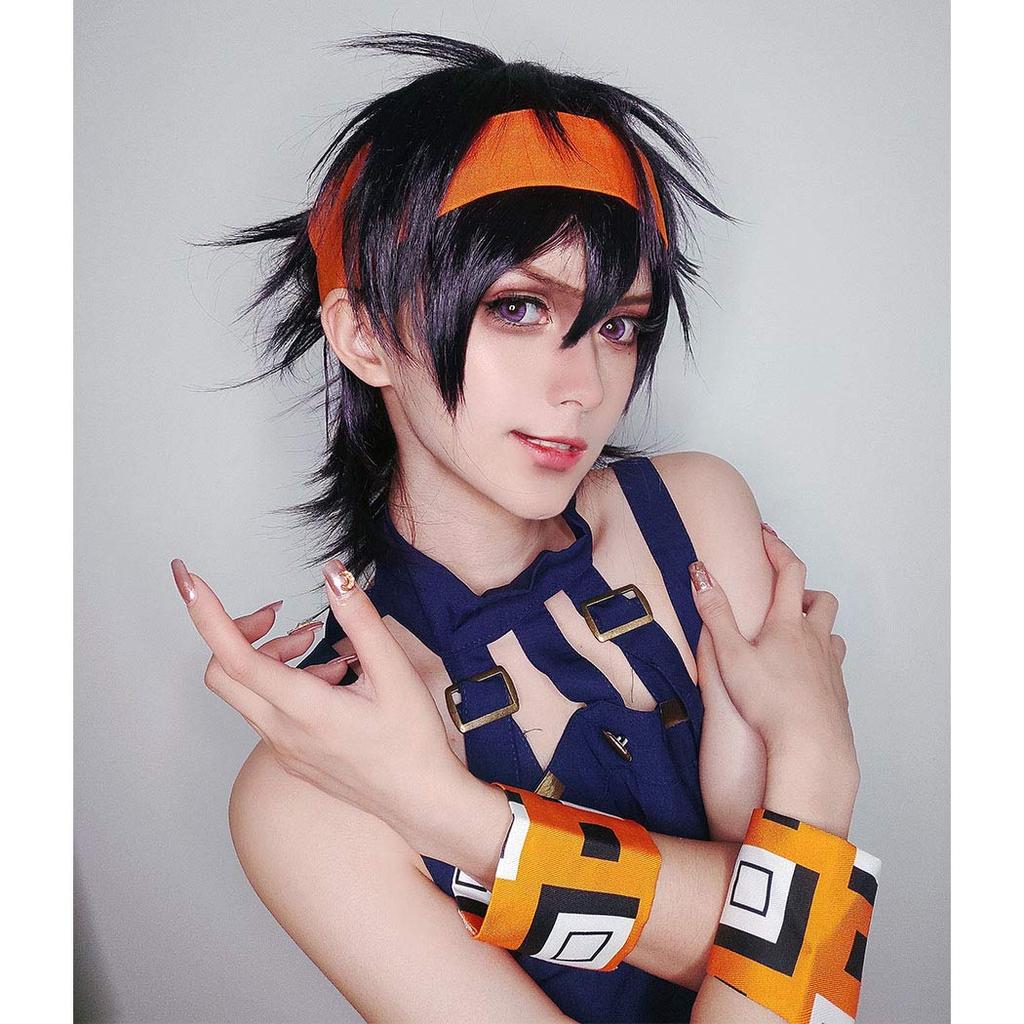 Short purple cosplay wig with net, featuring Narancia Ghirga from Golden Wind, heat-resistant.