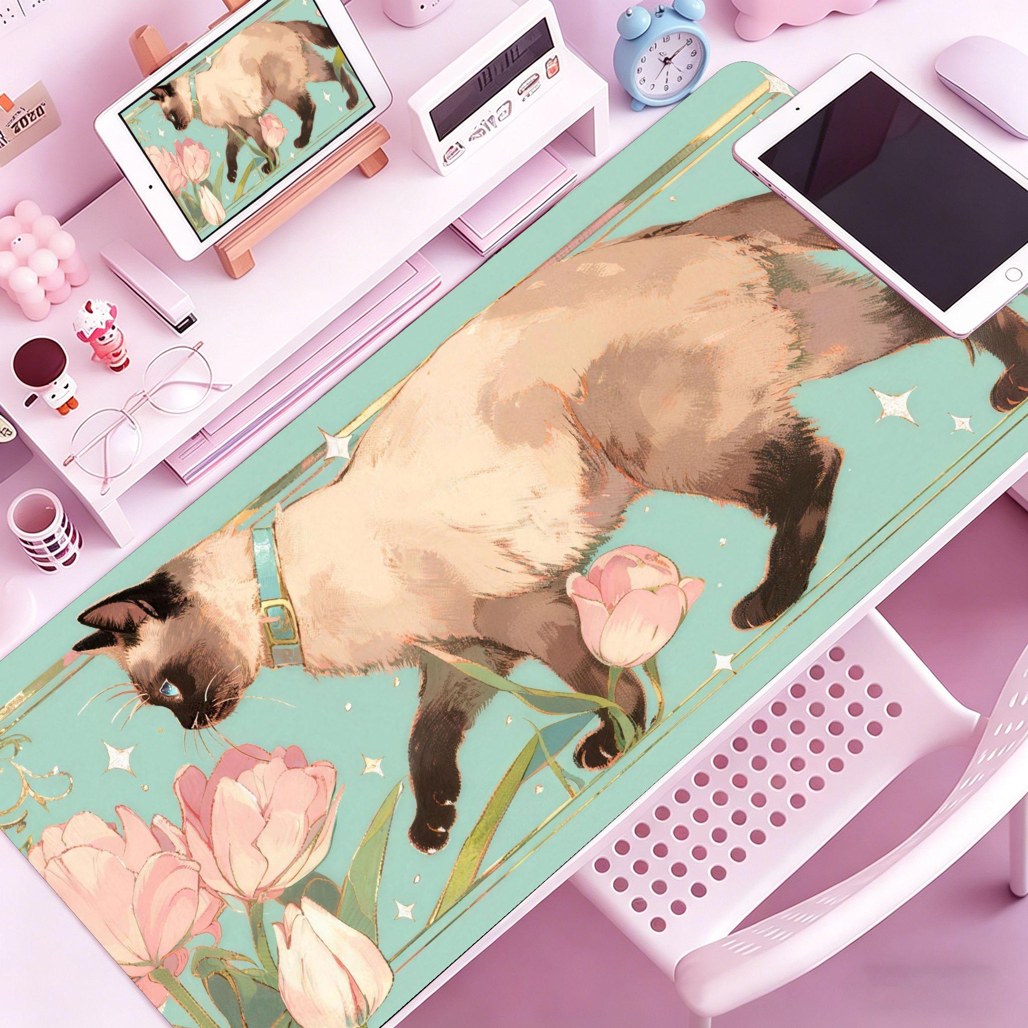Cute Cat with Headscarf Large Desk Mat Kawaii Cat Mouse Pad for Girls NonSlip Waterproof Keyboard Pad for Office Gaming 300x800x2mm