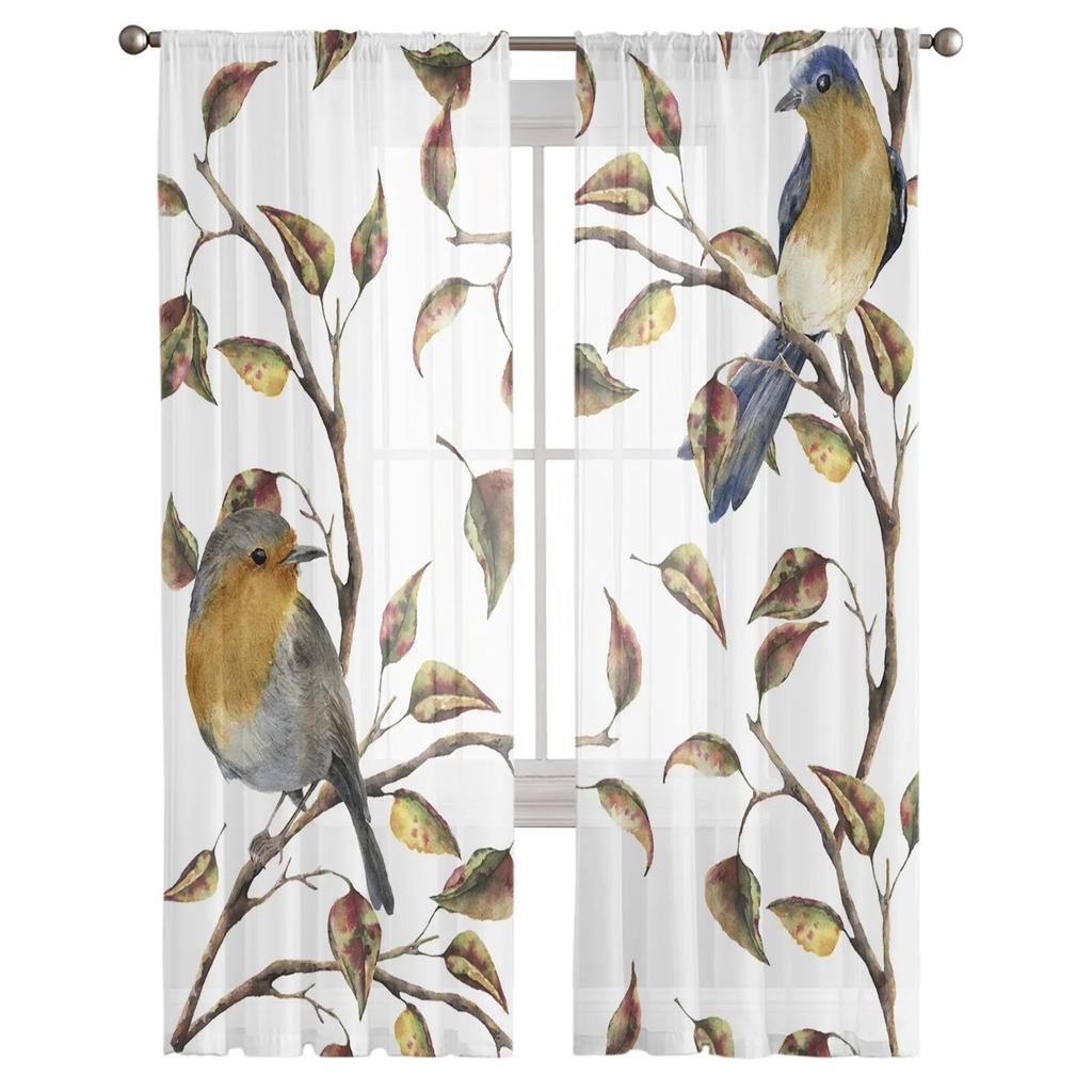 Birdie Leaves Plant Animal Modern Tulle Curtains For Living Room Bedroom Home Kitchen Window Sheer Curtains