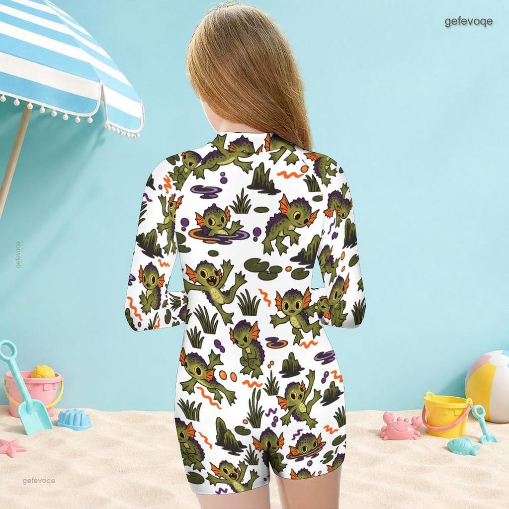 Girls High Neck Long Sleeve Front Zip Cartoon Printed Boyshort One Piece Swimsuit