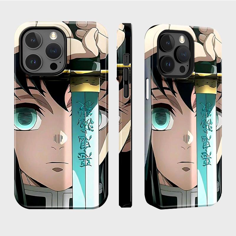 Coque de téléphone brillante avec revêtement par sublimation Plastique dur + Coque souple Demon Slayer: Coque arrière de protection intégrale à motif Kimetsu no Yaiba pour iPhone Samsung