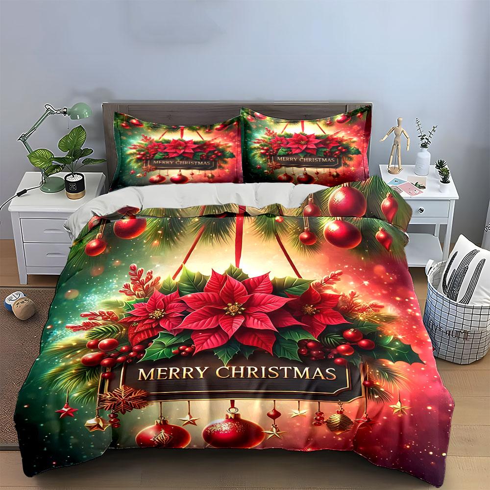 Christmas Poinsettia Decor Set Bedding Duvet Cover Set Duvet Cover Pillowcases  (1*Duvet Cover 2*Pillowcases, Without Duvet Insert)