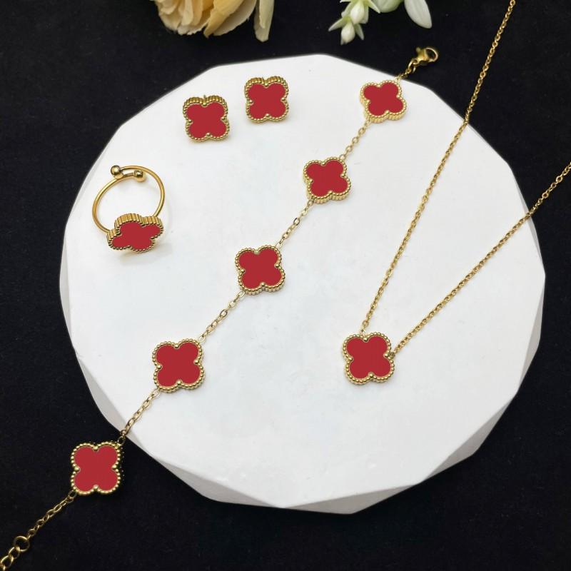 4 Piece Lucky Clover Jewelry Set Women Necklace Bracelet Earrings Ring In Titanium Steel With Electroplating