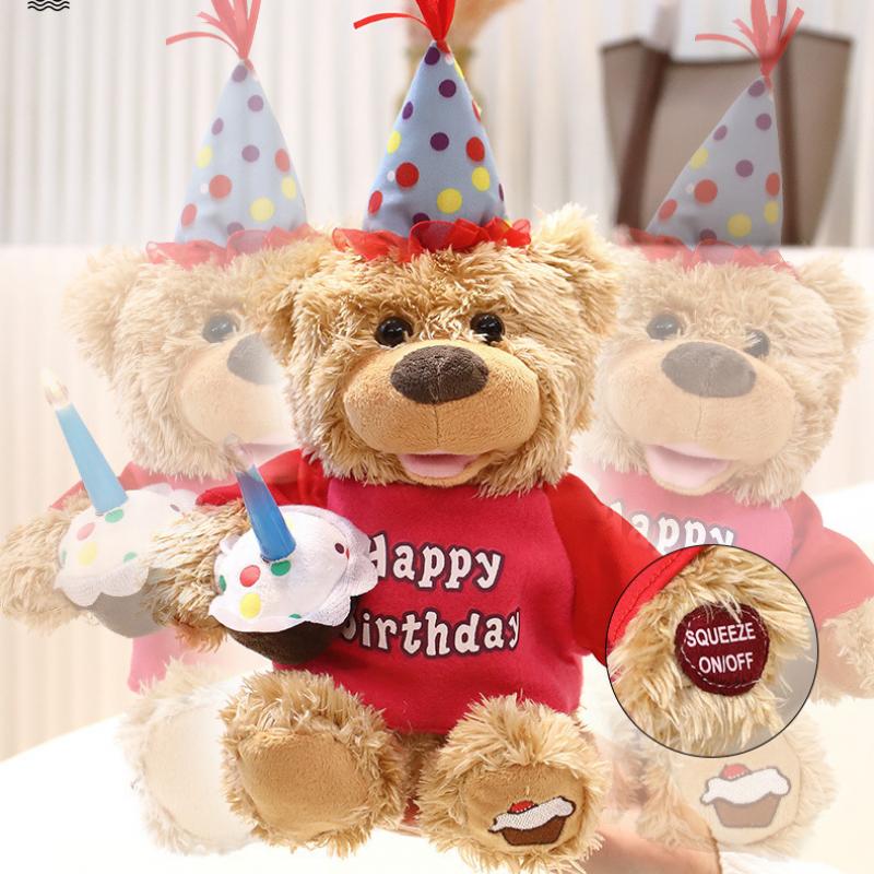 Teddy Bear Plush Toy with Birthday Cake Design, Electric Singing Stuffed Animal, Cute Cartoon Doll for Kids Birthday Gift