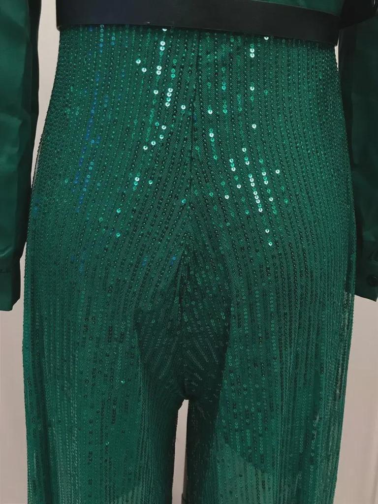 Pailletten-Taillenkleid V-Ausschnitt Langarm Mode Damen Hose Weites Bein Französisch für Frühling Herbst