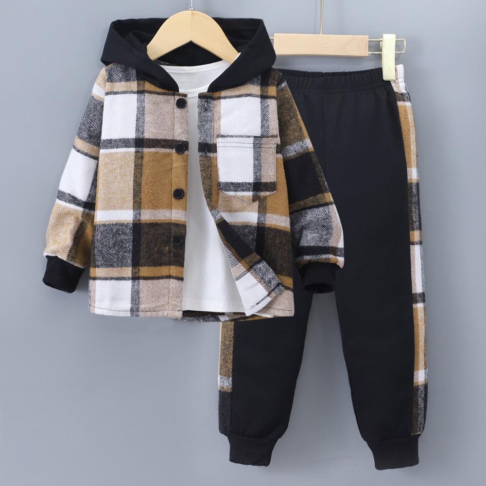 Kids Clothes Autumn/Winter Boys' Long-Sleeved Checkered Contrast-Colour Hooded Two-Piece Set (Top + Trousers)