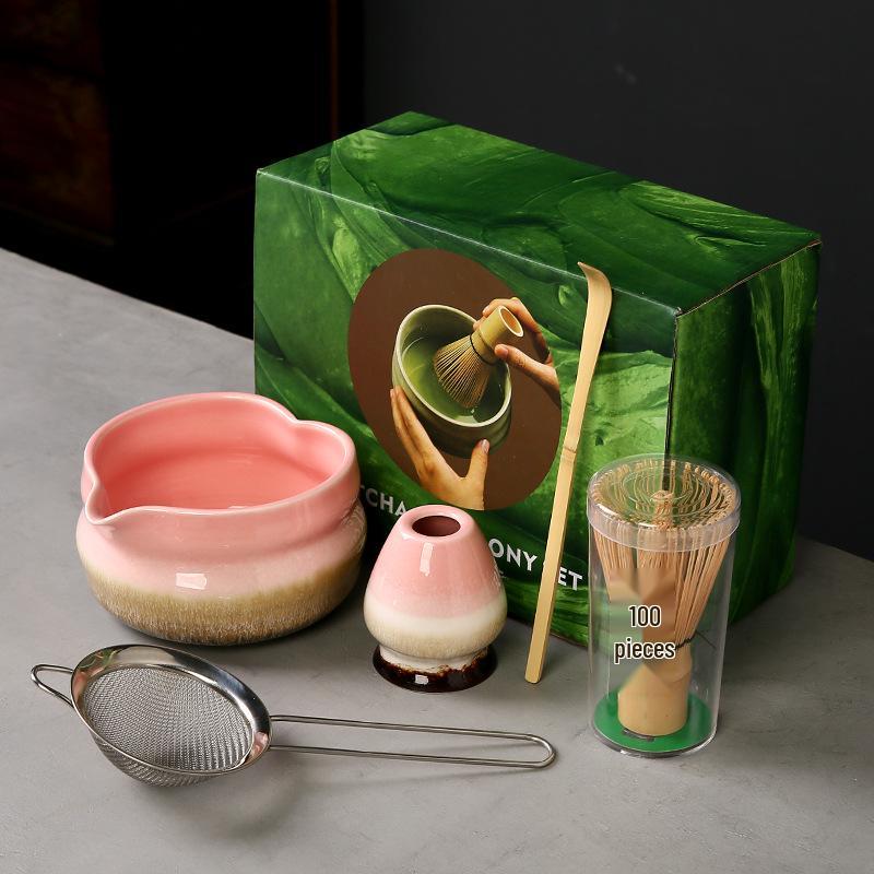 Japanese Heart-shaped Matcha Bowl Set with Whisk and Brush for Tea Ceremony
