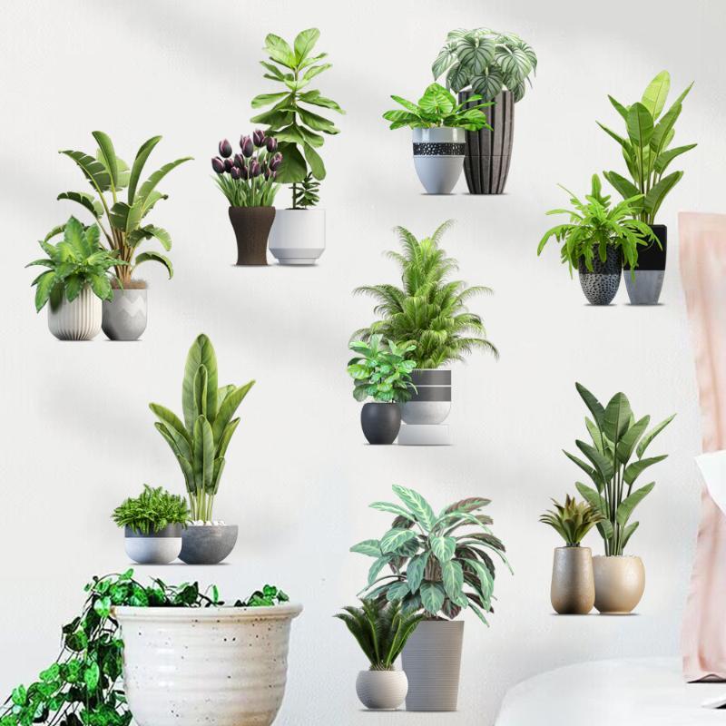 2Pcs Green Plant Potted Wall Decal Waterproof Removable Wall Sticker for Bedroom Living Room Study Room Home Decor