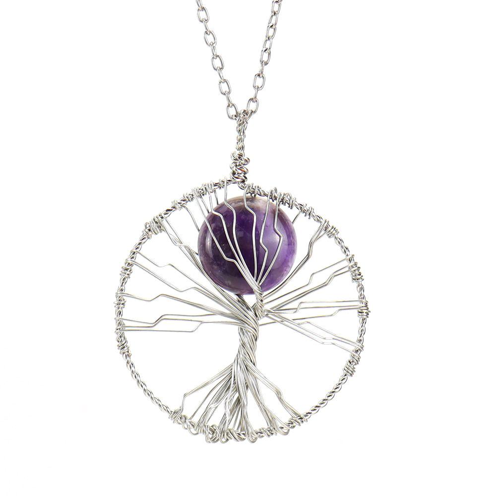 Hand-Wrapped Natural Crystal Agate Disc Tree Of Life Pendant Necklace N116