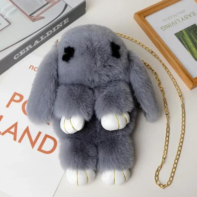 Niedliche flauschige Pompons aus Kaninchenfell Kettentasche Damen Cartoon Hase Umhängetasche Flauschiger Hase Schulterplüschrucksack Mädchen Geburtstagsgeschenke