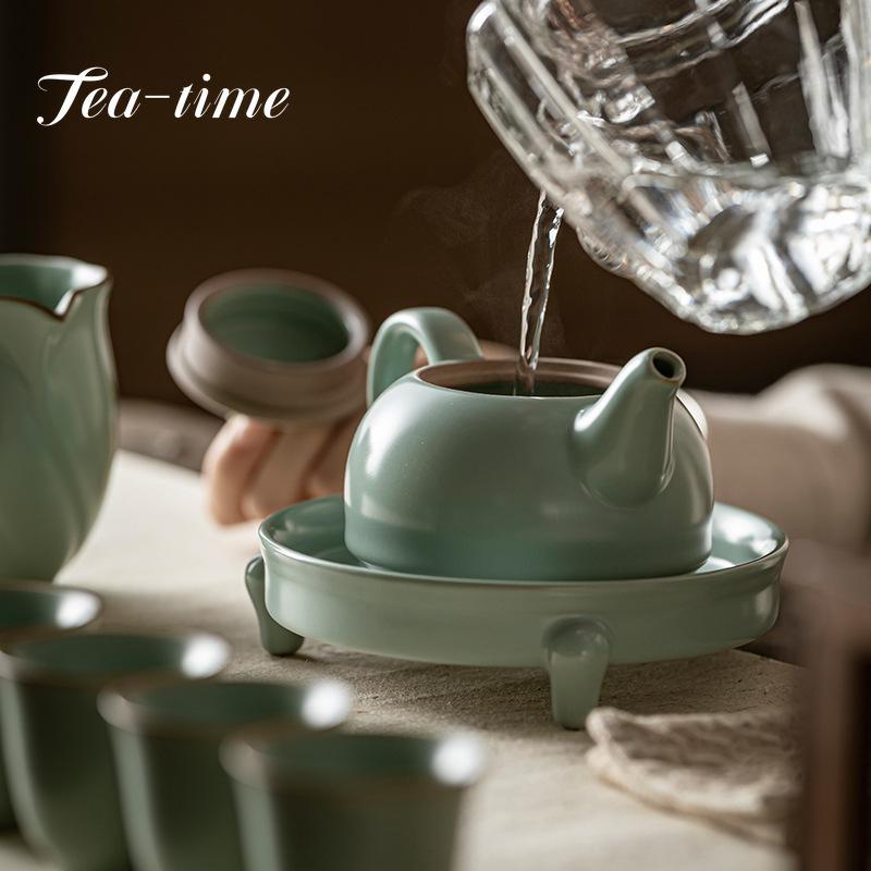 130ml Boutique Ru Kiln Ceramic Teapot Azure Porcelain Open Piece Can Raise Single Pot Retro Kung Fu Tea Hand-held Pot Gift Box