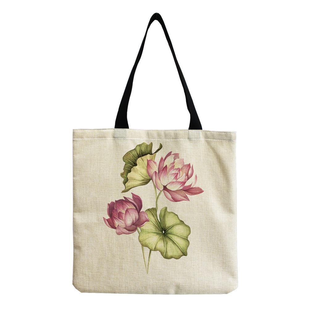 Women Vintage Linen Tote Bag - Large Capacity Flower Print Shoulder Handbag for Casual & Grocery Shopping KTB