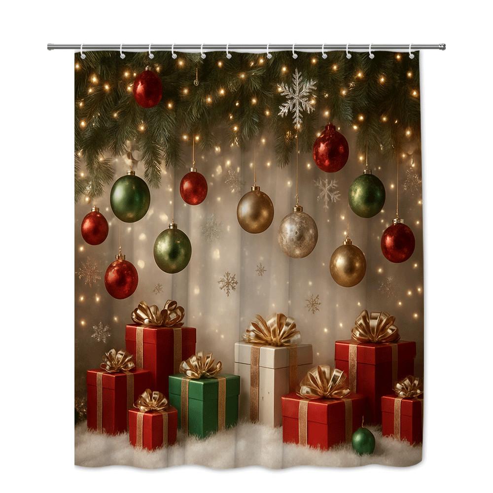 Festive Christmas Shower Curtain With Lights Ornaments Gift Boxes Pine Tree Design Waterproof Easy To Install Non-Toxic Material