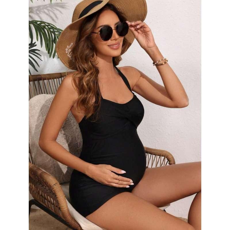 2026 Pregnant Women's Swimwear - One-piece Flat Front Swim Suit with Neck Tie and Concealed Stomach Coverage for Slimming Effect