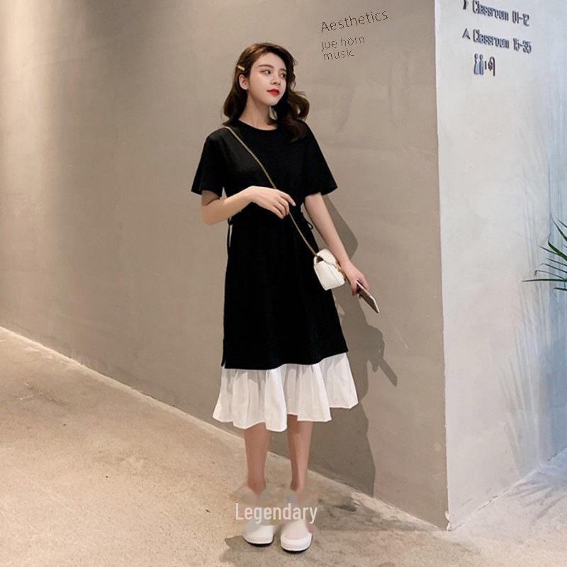 Locker sitzendes Umstandskleid im koreanischen Stil – zweiteiliges gespleißtes Design, über dem Knie lang, lässige Sommerkleidung