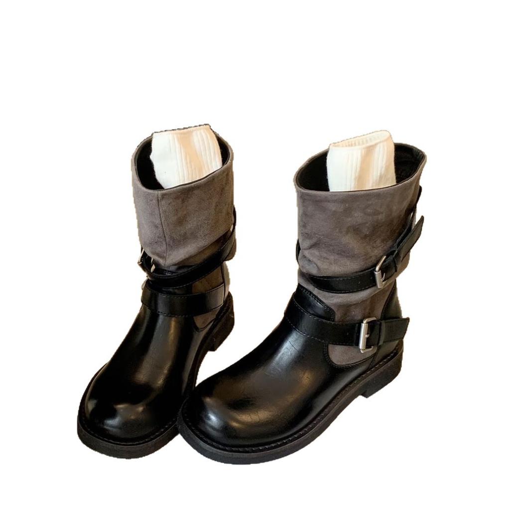 Inner height increase retro color matching belt buckle sleeve stacking boots women's new versatile round head thick heel western cowboy boots
