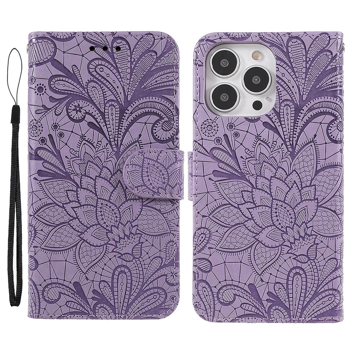 

For iPhone 15 Pro Max Case Lace Flowers PU Leather Flip Wallet Phone Cover Purple