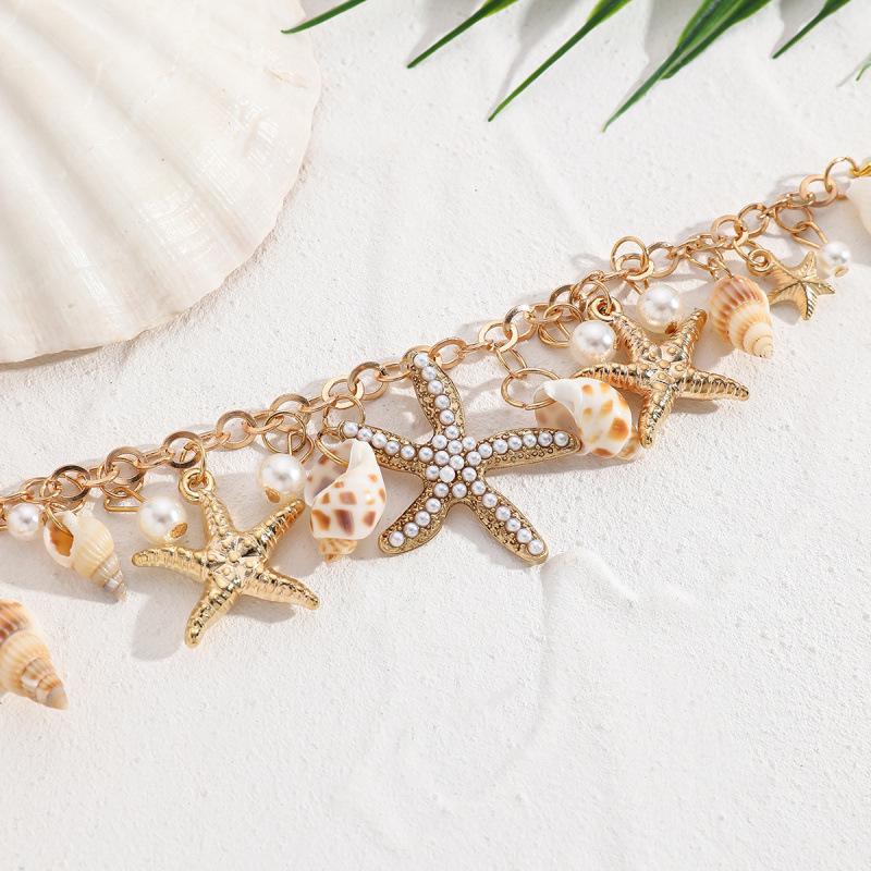 Ocean Bohemian Style Starfish & Shell Anklet with Rhinestones & Pearls