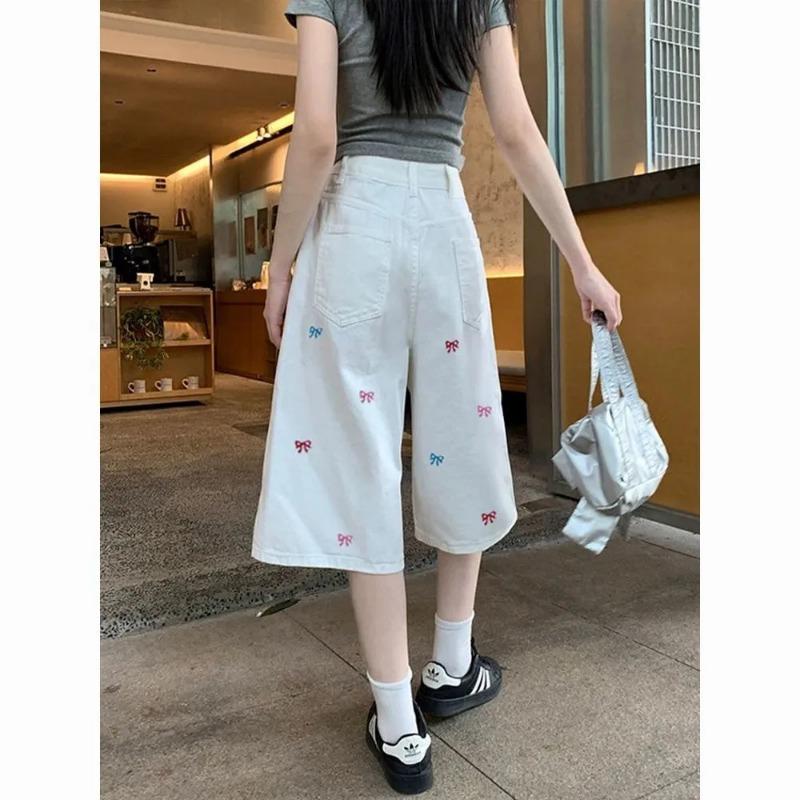 Neue Sommer Cropped Jeans Damen High Waist Vielseitig Locker Gerade Weiter Bein Shorts