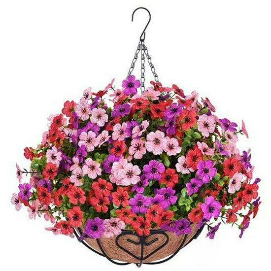 Violet Flowers Iron Frame Hanging Basket for Outdoor Spring/Summer Decor
