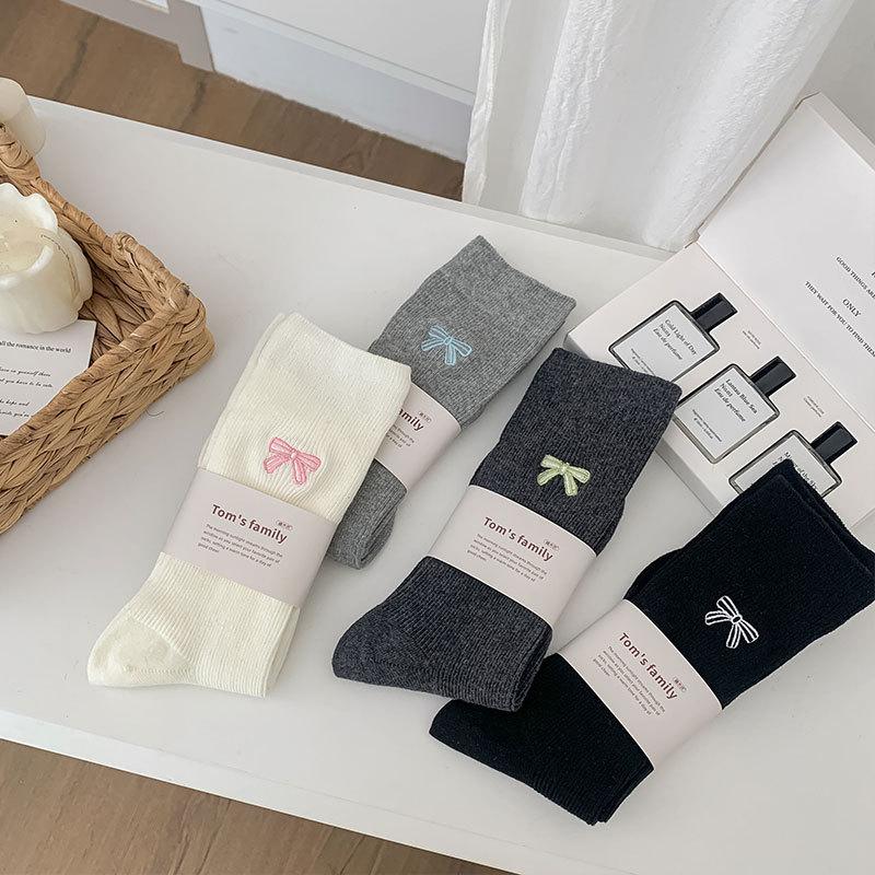 Embroidered Bow Socks Medium Socks Simple Trendy Double Needle Girls Growth Socks Student Vertical Strip Pile Socks Girl