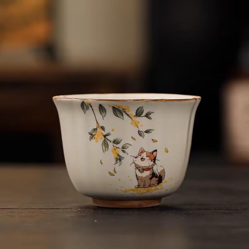 Beige Ru Kiln Teacup Cute Cute Cat Teacup Master Cup Girls Personal Tea Cup Tea Bowl Ceramic Tea Cup