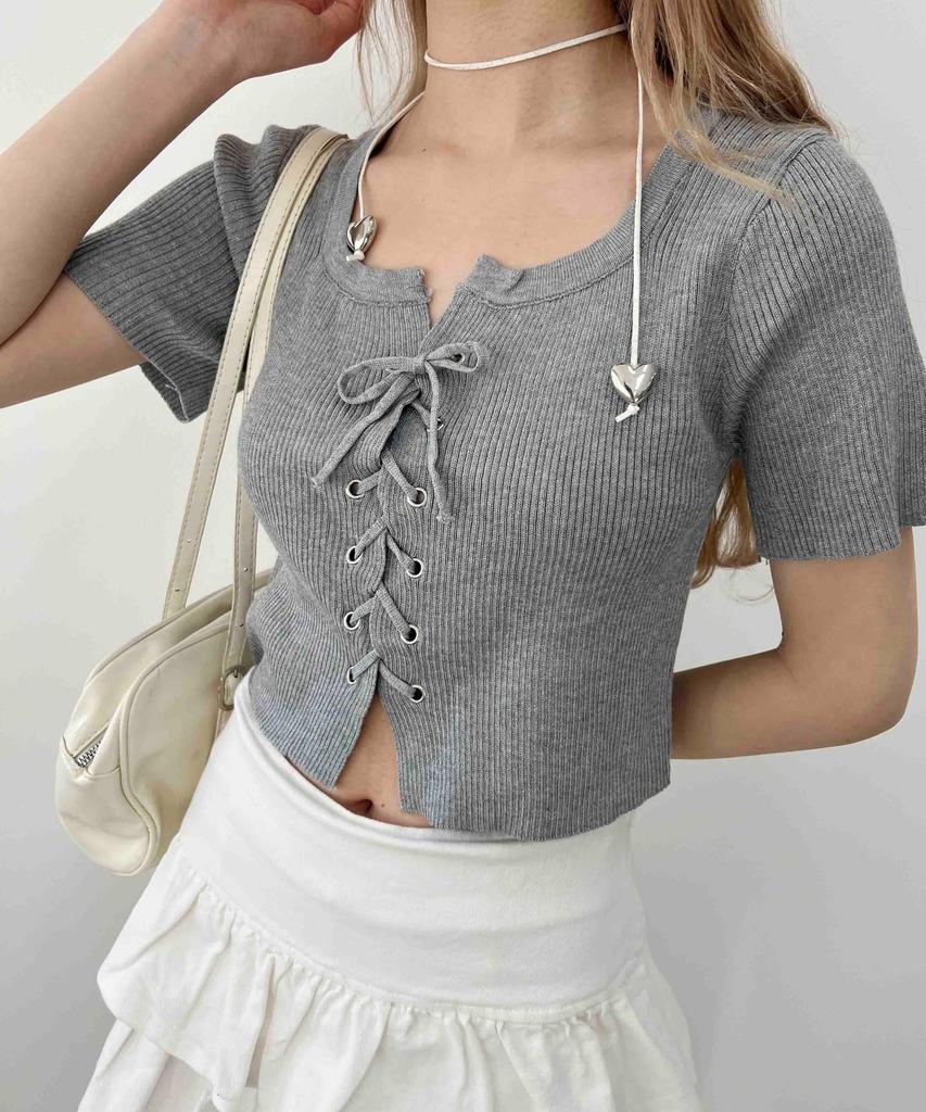 WEGO PHILLY Knit Short Short Korean Size Gray Lace-Up Top, Sleeve, Knitwear, Girly, Style, Casual, Gift, Spring/Summer/Autumn, Women's, F,