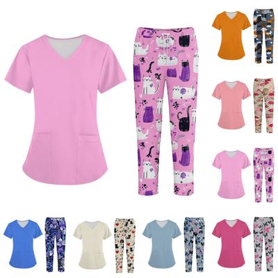 Plus SizePrinted Scrub Working Uniform Tops For Women's Cross V-Neck Halloween Print Short Sleeve Fun T-Shirts Workwear Tee With Pockets