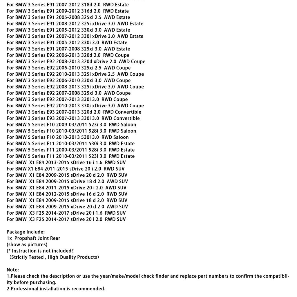 Propshaft Joint Rear 26117527392 For BMW 1 3 5 Series E81 E90 F10 X1 E84 X3 F25