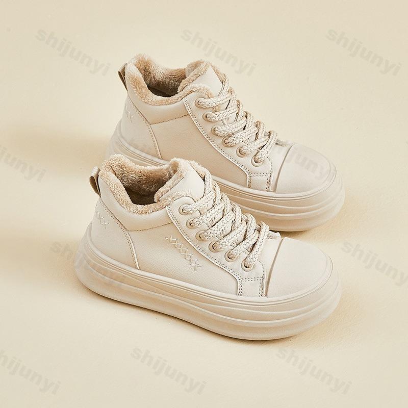 Winter New Women's Warm Plush Sneakers Trendy High Top Lace Up Thick Soled Cotton Shoes Outdoor Thicken Warm Non Slip Snow Boots