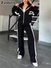 Autumn  Striped Zipper Jacket Casual Sports Set Women