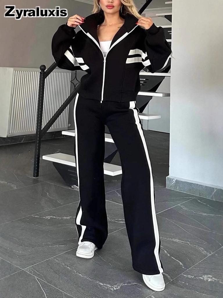 Autumn  Striped Zipper Jacket Casual Sports Set Women