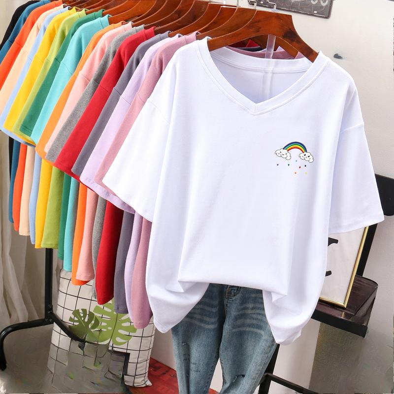 

Short-sleeved T-shirt for Women, Large Size, Loose and Slimming, Printed V-neck Top S білий