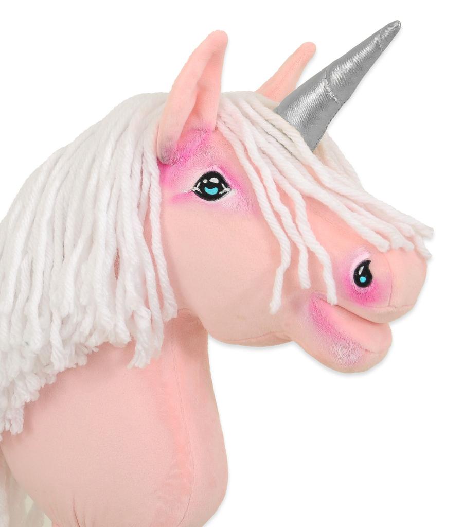 Hobby Horse Unicorn On a Stick, Small Pink with White Mane and Silver Horn