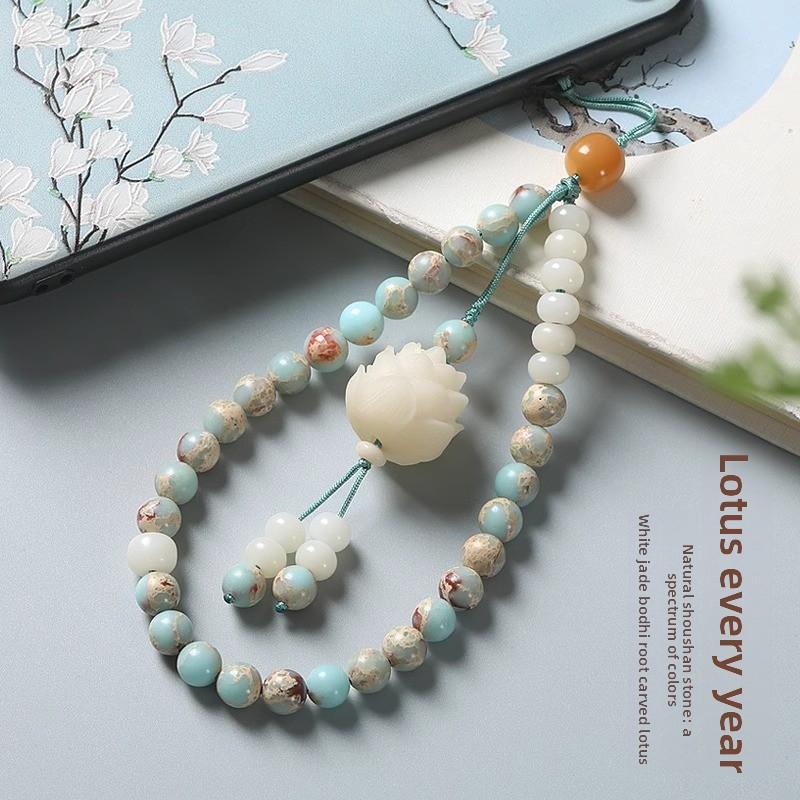 New Chinese Shoushan Stone Mobile Phone Chain Chinese Style White Jade Bodhi Lotus Mobile Phone Case Pendant Wrist Men's and Women's Jewelry