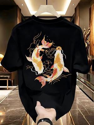 Men's New Fashion Retro  Solid Color Fish Printing Pure Cotton Short-sleeved T-shirt Men's Ruffian Handsome Large Size Top Tide