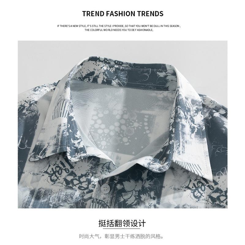 Men's Blue White Abstract Print Short Sleeve Shirt - Oversized Casual Streetwear Summer Button Up