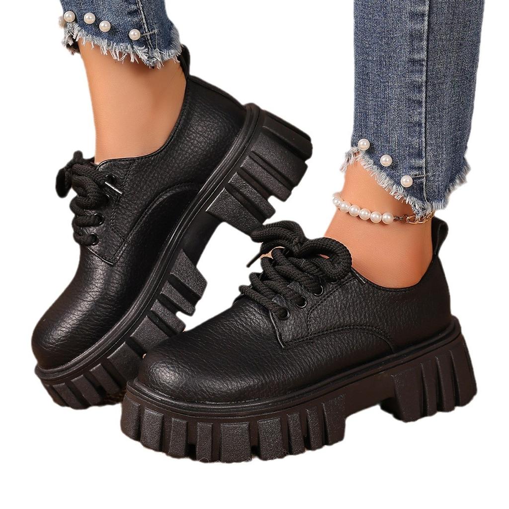 Large Size Muffin Platform Small Leather Shoes Women's British College Style Lace-up Casual Student Leather Shoes