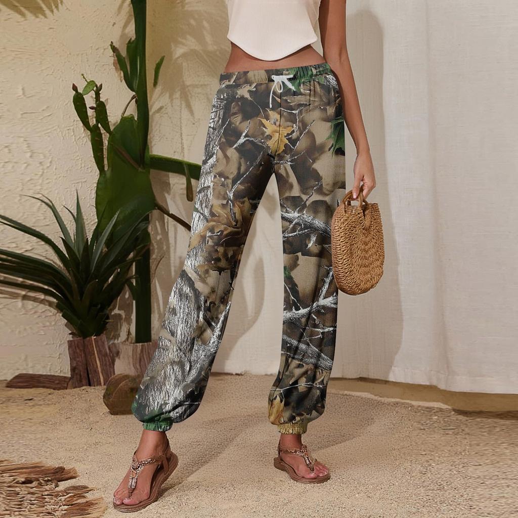 Damen Freizeithose mit Blätterdruck, Jogginghose mit Kordelzug, elastischem Bund und schmal zulaufendem Bein
